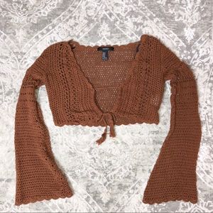 Bell Sleeve Crochet Crop Top with String Tassels